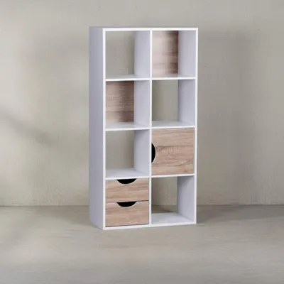 Großes Bücherregal in Sonoma Eiche und Weiß_ modernes Design_ 8 Fächer für Stauraum_ multifunktional als Raumteiler nutzbar - KADIMA DESIGN_Größe_ 60x29x120 cm_#sku_BARWL1.429#