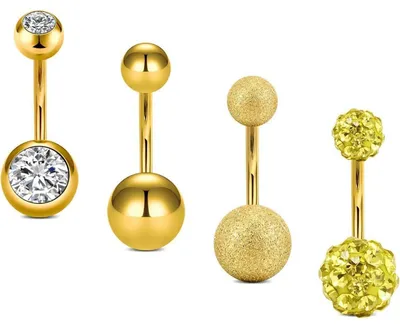 Productafbeelding van Buikpiercing, 14G, chirurgisch staal met CZ-parel, 10mm, goudkleurig, set van 4