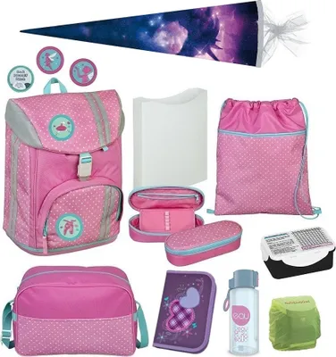 Produktbild von Mädchen Schulranzen 1. Klasse · Scooli FLEX MAX ergonomischer Schulrucksack · sehr leicht & wächst mit · Rosa Türkis mit Klettis und Einhorn Schultüte