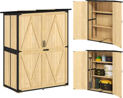Image de Armoire de jardin Outsunny, remise à outils en bois, avec 2 portes, étagères, maison à outils avec toit en asphalte, 140 x 74 x 173 cm, bois naturel