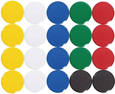 Produktbild von MAUL Magnet MAULpro rund 20 Stück 2 kg Kunststoff Ferrit bruchsicher erodiert lackiert Ø 3.35 x 1.4 cm gelb blau grün rot schwarz weiß