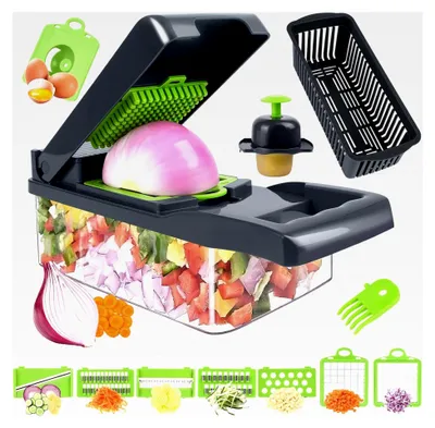 Produktbild von Gemüseschneider, 14-teilig, Multifunktionaler Gemüsehobel, Zwiebelschneider, Gurkenhobel, Obstschneider, Salatschneider, Kartoffelschneider, Würfelschneider