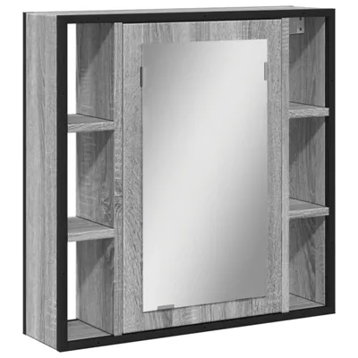A bathroom medicine cabinet with a mirror and shelves.