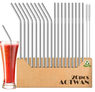 Produktbild von Edelstahl Trinkhalme Set 20 Stück 9 Gerade 9 Gebogen 2 Reinigungsbürsten Wiederverwendbar für Cocktails Smoothie Säfte