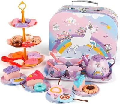 Produktbild von Famanu Teeservice für Kinder - 48-teiliges Set mit Einhorn-Koffer für Teepartys