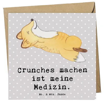 Produktbild von Mr. & Mrs. Panda Grußkarte Fuchs Crunches - Grau Pastell - Geschenk, anlasskarte, faltkarte, Glückwunschkarte, doppelkarte, Fitness, Bauchpressen, Klappkarte