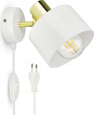 A white and gold LED wall lamp with a visible light bulb and power cord with a switch and plug.