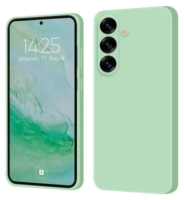 A product image showing a smartphone case in a light green color, displayed from two angles: front and back.