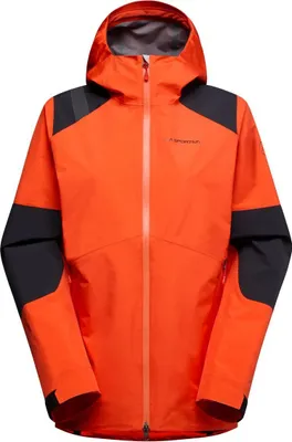 Hardshelljacke für Damen in leuchtendem Orange und Schwarz von La Sportiva; Modell "Roseg GTX Jkt W".