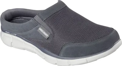 A single gray Skechers mule shoe is shown from a side angle against a white background.