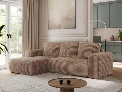 Produktbild von MKS MEBLE Sofa mit Schlaffunktion - Ecksofa mit Schlaffunktion und Bettkasten - Sofa 3 Sitzer - Schlafsofa - Couch - Schlafsofa mit Bettkasten - Trentino L - Braun Cord - Links