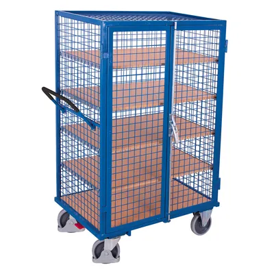 Produktbild von VARIOfit Etagenwagen, außen vergittert mit Flügeltür, Hebelgriff und 5 Ladeflächen 1045x685mm Enzianblau RAL 5016