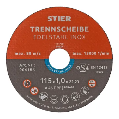 Produktbild von STIER Trennscheibe für Edelstahl/INOX, Metall, Stahl, Ø Flexscheibe: 115 x 1,0 x 22,23 mm, gerade, Set mit 25 Stück, für Winkelschleifer