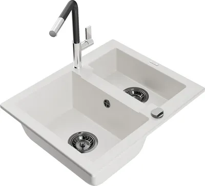 Produktbild von Mexen Carlos 1,5-Becken-Granitspüle mit Mischbatterie Flora, Weiß - 6518-20-670401-07-B