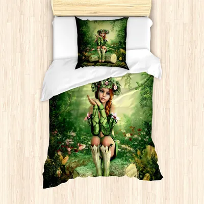 Produktbild von ABAKUHAUS Fee Bettbezug Set, Computer Kunst Fabelhaft Elf Mädchen Mit Kranz Auf Ihrem Kopf auf Baumstumpf, 135 x 200 cm + 80 x 80 cm, Beige Grün und Rosa