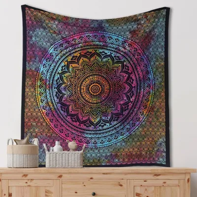 Imagen del producto de Tapiz de mandala, estilo bohemio con degradado de colores, 137x152 cm, fabricado con 100% algodón, ideal para la decoración