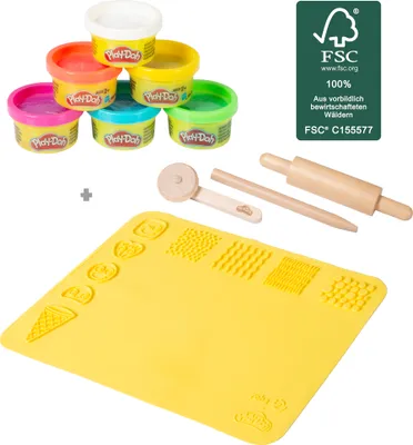 roba x Play-Doh Nachhaltiges Spielset - 3D-Kreativmatte, e Holzwerkzeuge, 6 Knetdosen - Pädagogisch wertvoll - Geschenk für Kinder