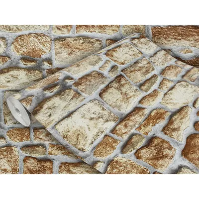 A roll of wallpaper with a stone brick pattern.