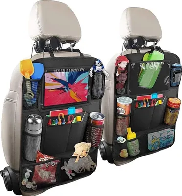 Image de 2 pièces Protection de dossier de voiture, Organisateur de siège arrière pour enfants, Grandes poches et compartiment pour iPad/tablette, Protection de siège de voiture imperméable, Protection de tapis Kick pour siège de voiture
