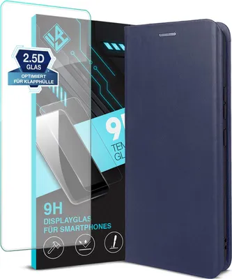 Produktbild von Handyhülle für Samsung Galaxy A55 5G mit 9H Displayglas Echtleder Flip Cover Hülle Case Kartenfach RFID Schutz Farbe: Blau