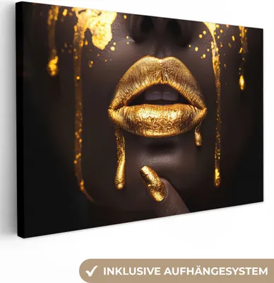 Produktbild von MuchoWow® - Leinwandbilder - Goldene Lippen - Gesicht - Frau - Modern, Wandbild, Wanddeko Bilder Wohnzimmer, 90x60 cm