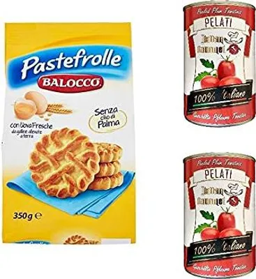 Produktbild von Balocco Pastefrolle Kekse mit italienischer Milch und frischen Eiern biscuits cookies 350g + Italian Gourmet 100% italienische geschälte Tomaten dosen 2x 400g