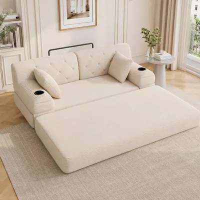 Produktbild von okwish 2-Sitzer Modulares Sofa mit zwei Getränkehaltern, Loungesofa mit Armlehnen und Seitentaschen, Schlafsofa für kleine Wohnungen,Beige