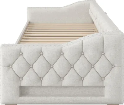 Produktbild von Flieks Polsterbett Schlafsofa 90x200cm mit Ausziehbett, Tagesbett Daybed Einzelbett mit Led und 3 Schubladen, Leinen, Beige