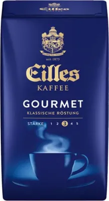 A bag of Eilles Gourmet coffee with a steaming cup of coffee depicted at the bottom.