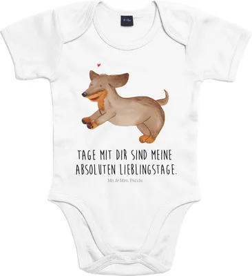 Produktbild von Mr. & Mrs. Panda Strampler Baby Hund Dackel 3. - 6. Monat - Heather Grey - Geschenk, Babybody, Süß, babykleidung body, Sprüche, baumwolle, overall, Hunde