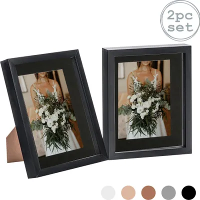 Produktbild von Nicola Spring Stück 2 8 x 10 3D-Schatten-Kasten-Foto-Rahmen-Set - Craft Anzeigen Bilderrahmen mit 5 x 7 Montage - Glas Aperture - Schwarz / Schwarz