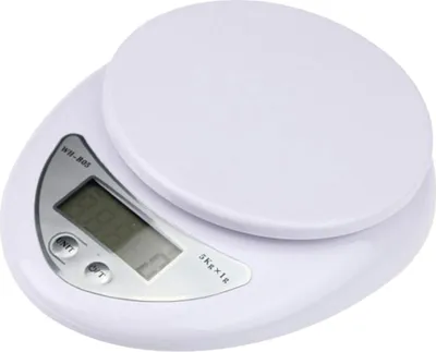 A white digital kitchen scale on a white background.