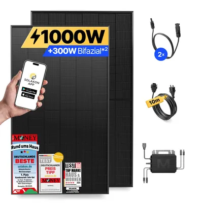 Produktbild von Balkonkraftwerk 1000W Solaranlage Steckerfertig Komplettset Photovoltaik Anlage 800W, Kabellänge: 10m, Solakon - onBasic