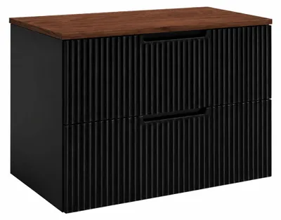 Obrázek produktu pro Závěsná skříňka do koupelny, rozměry 80 x 46 x 58,6 cm, s zásuvkami, korpus v černé barvě a deska z ořechového dřeva, včetně úchytek, Obrázek vytvořený pomocí AI