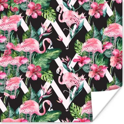 Produktbild von MuchoWow® Poster Flamingo - Blumen - Blätter - Muster 30x30 cm - Wandposter - Printing