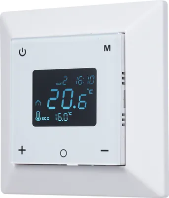A white thermostat with a digital display is shown against a white background.