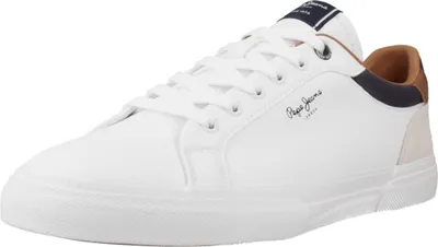 A white Pepe Jeans sneaker with brown and navy accents.