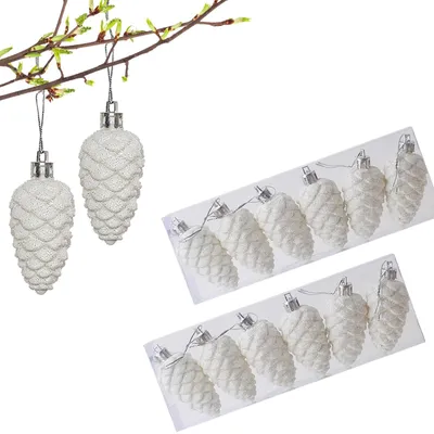12 künstliche Tannenzapfen, Weihnachtsbaumhänger, Kunststoff, Weiß