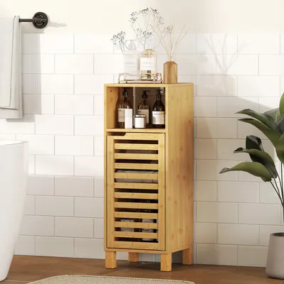 Produktbild von Badezimmerschrank Bambus, Lamellentür, Beistellschrank offen, Naturholz | 30 x 30 x 80 cm | bis 12 kg | rutschfest