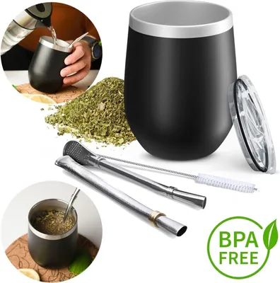 Zdjęcie produktu dla Aquafloow Kubek do Yerba Mate 350 ml + 2 stalowe słomki, kubek z podwójnymi ściankami do Yerba Mate | pokrywka wolna od BPA, stal nierdzewna do Mate, Yerba - czarny