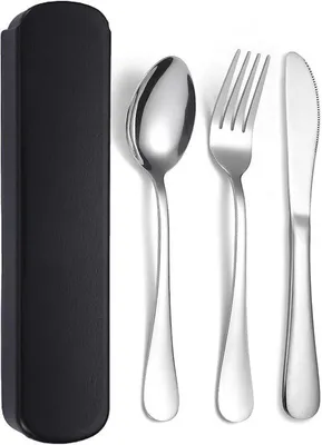 Produktbild von Edelstahlbesteck, 3-teilig, schwarz, spülmaschinenfest, ideal für Picknick, Reisen, Büro