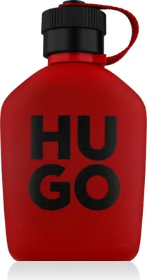 A red Hugo Boss fragrance bottle with black text.