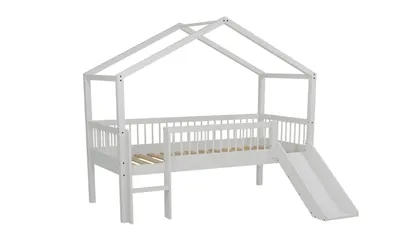 Produktbild von VIPACK - FORREST Buche Spiel-Hausbett 90x200cm, inkl. Lattenrost, Dachaubau und Rutsche, Buche massiv weiß lackiert