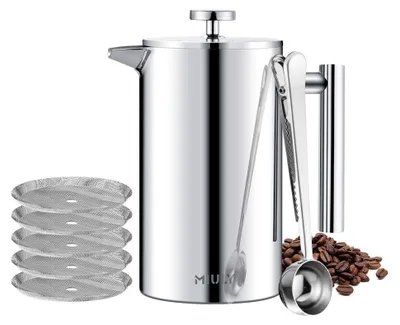 French Press Kaffeepresse 1 L doppelwandig Edelstahl 5 Filter