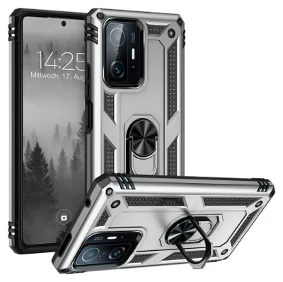 A silver and black rugged phone case with a ring holder, shown from two angles.