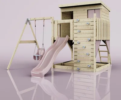 Produktbild von OutdoorToys Spielturm Tjorven aus Holz in Rosa Altrosa, mit Babyschaukel