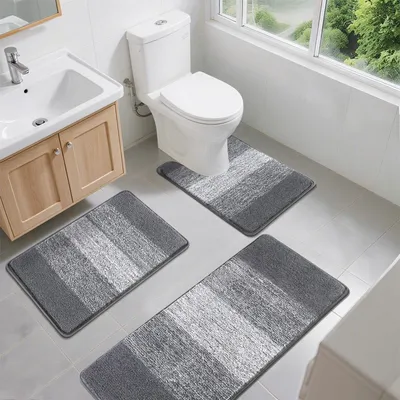 Image de Ensemble de 3 tapis de bain en microfibre, antidérapants et lavables, couleur gris foncé