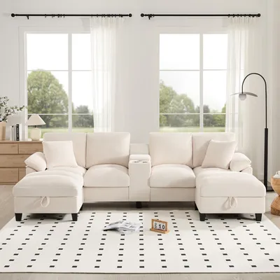 Produktbild von MODFU 4-Sitzer-Sofa Big Sofa Loungesofa mit  zwei USB-Ladeanschlüsse,Polstermöbel mit Versteckte Staufächer und Getränkehaltern,Grau