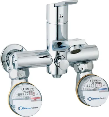 A chrome-finished bathtub faucet with two water meters attached to the inlets.