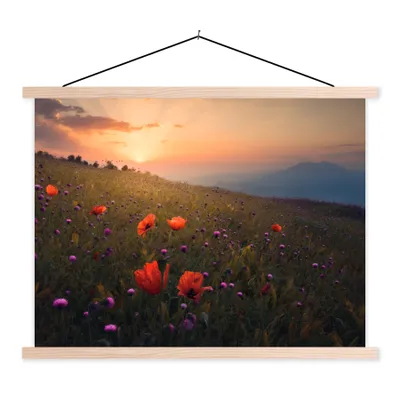 Produktbild von MuchoWow® Textilposter Blumenfeld - Gras - Pflanzen - Sonnenuntergang - Orange 40x30 cm mit holzfarbenen Rahmen - Bilder